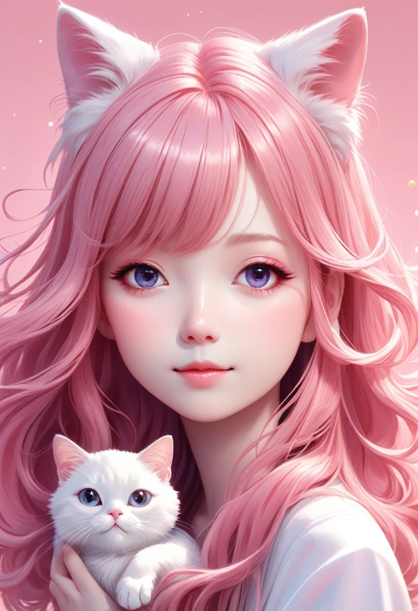 Girl with Cat,Girl with cat,in style of Chiho Aoshima , Pink medium long hair, cute, Q version, happy, squinting eyes, Japanese illustration, Celluloid,character concept design, half body