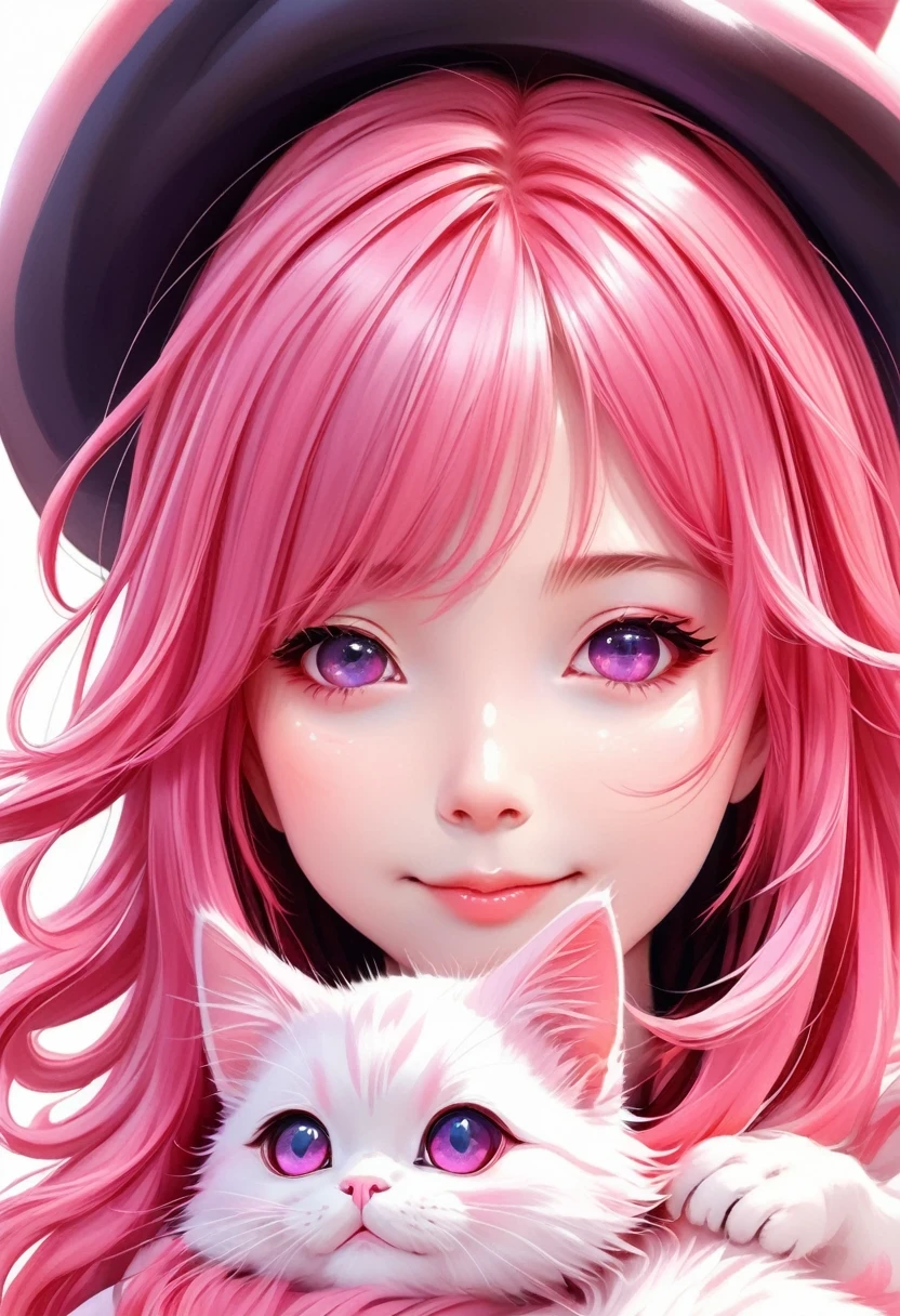 Girl with Cat,Girl with cat,Pink medium long hair, cute, Q version, happy, squinting eyes, Japanese illustration, Celluloid