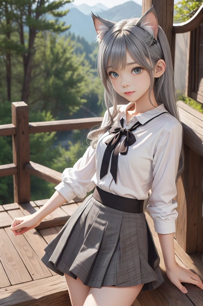 (masterpiece, best quality, high resolution: 1.2), 1 girl, Solitary, Double tail, Gray eyes, Upper Body, skirt, Silver Hair, Cat ear, wilderness,