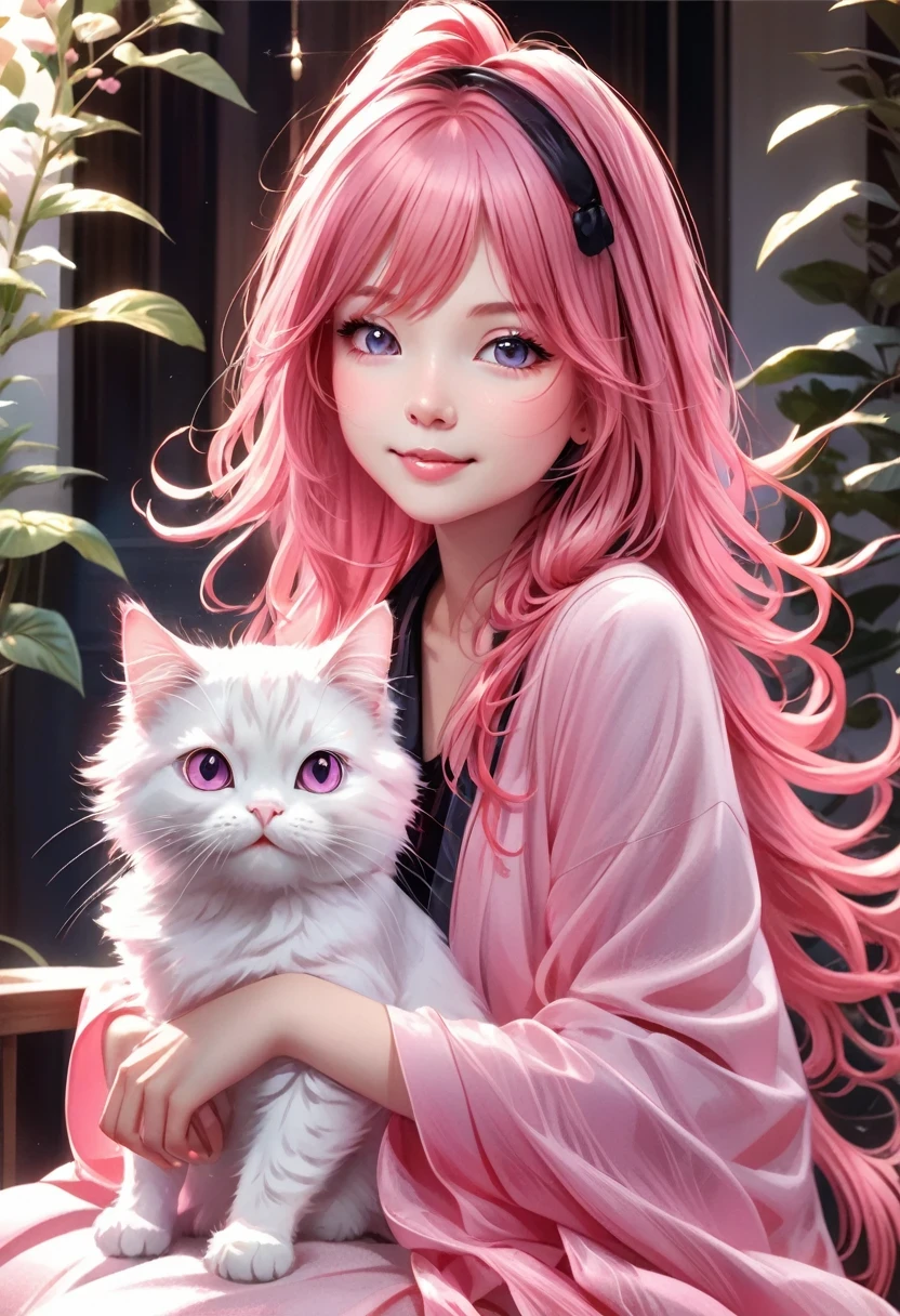 Girl with Cat，Girl with cat，Pink medium long hair, cute, Q version, happy, squinting eyes, Japanese illustration, Celluloid