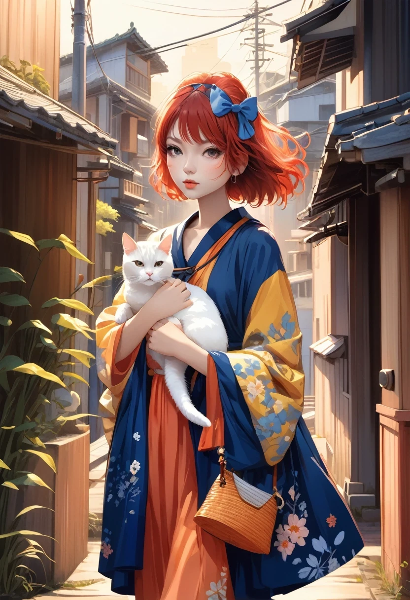 Girl with Cat，Girl with cat，in style of Chiho Aoshima , character concept design, half body 