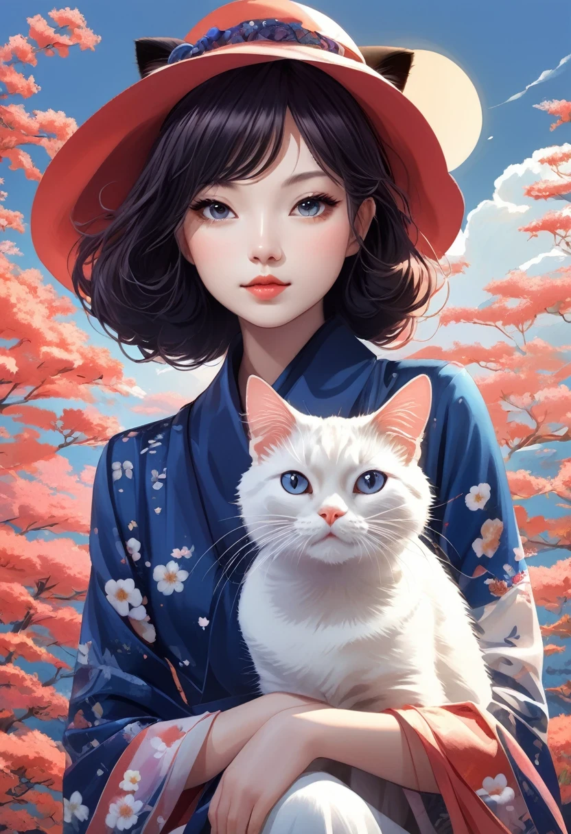 Girl with Cat,Girl with cat,in style of Chiho Aoshima , character concept design, half body