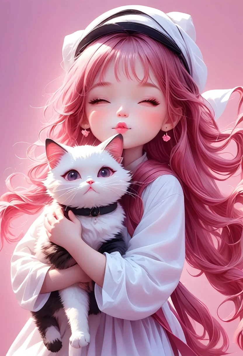 Girl with Cat,Girl with cat,Pink medium long hair, cute, Q version, happy, squinting eyes, Japanese illustration, Celluloid