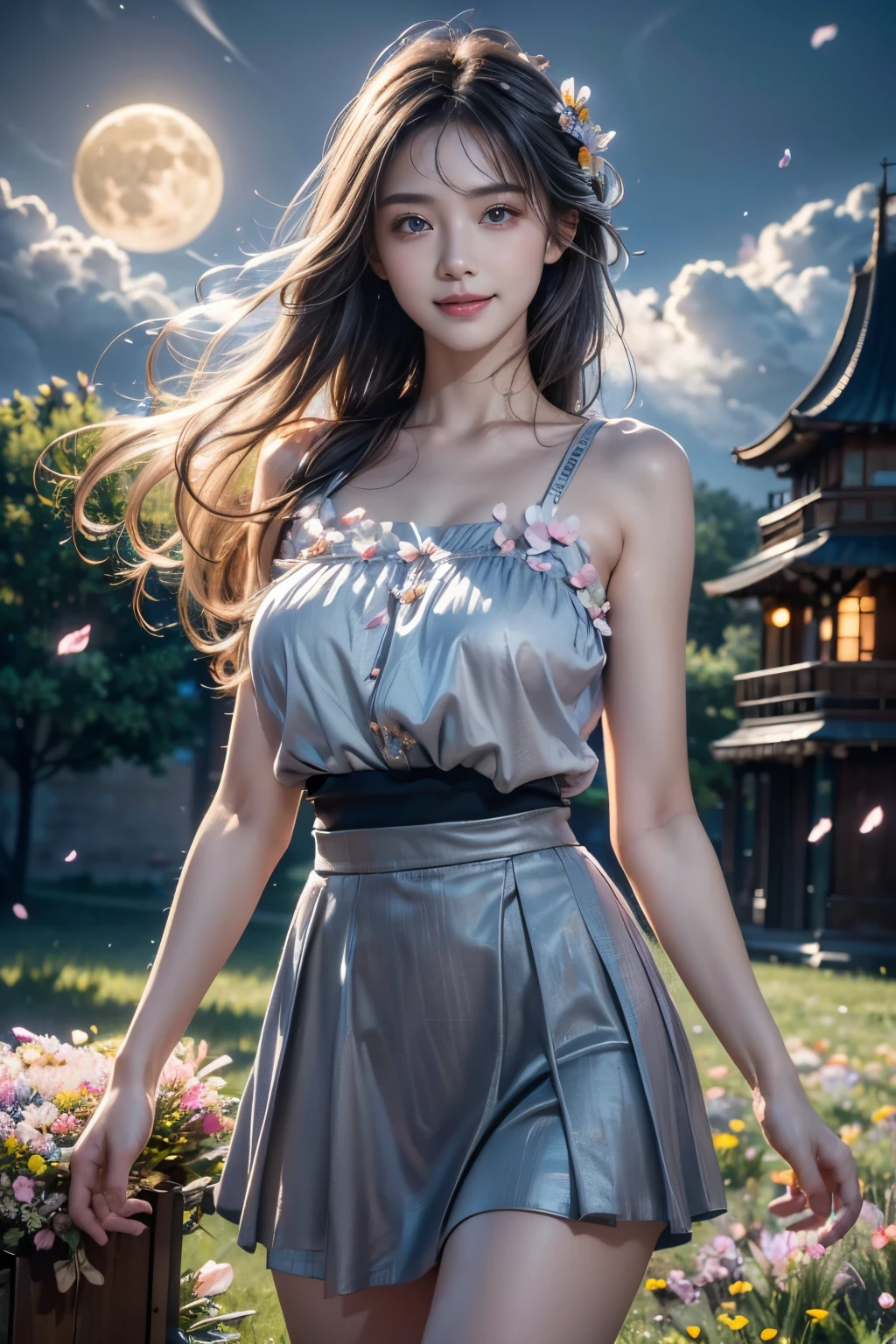 Masterpiece, highest quality,Ultra-high resolution, One girl, (colorful),(Beautifully detailed eyes and face),Cinema Lighting,Bust Shot,Highly detailed CG Unity 8k wallpaper,Gray Hair,alone,smile,Complex skirt,((Flying petals)),(Flowery meadow), null, cloudy_null, building, moon光, moon, night, (Dark Theme:1.3), Light, Fantasy,