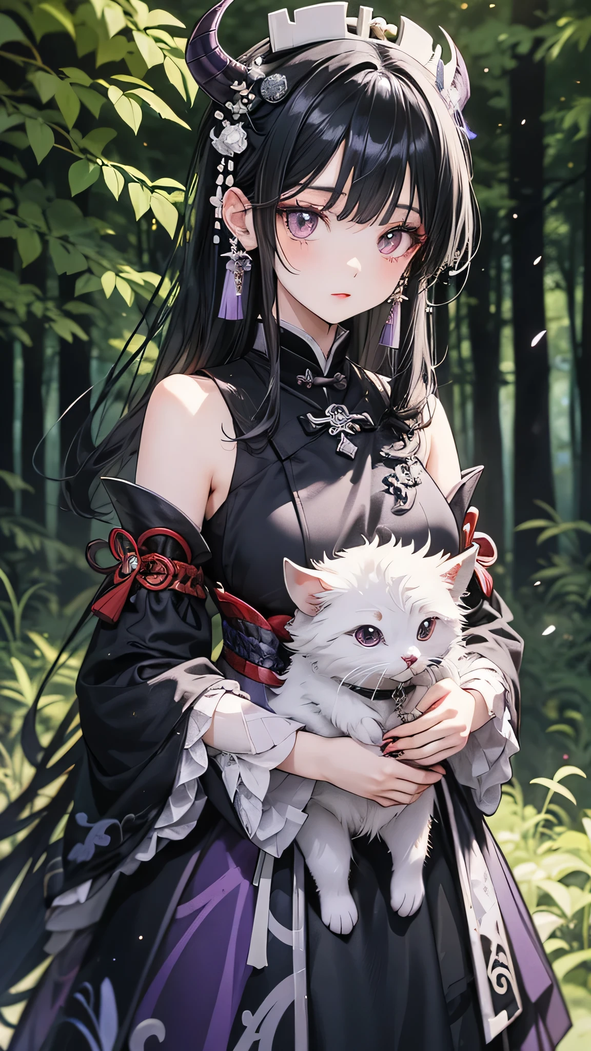 Anime girl in purple and black clothes standing in front of a forest, Keqing of Genshin Impact, Jongritsu of Genshin, Haise Jinyao, ayaka genshin impact, Anime Moe Art Style, Black-haired wizard, Demon Slayer Louis Fan Art, ayaka game genshin impact, Yunling, Inspired by Song Maojin