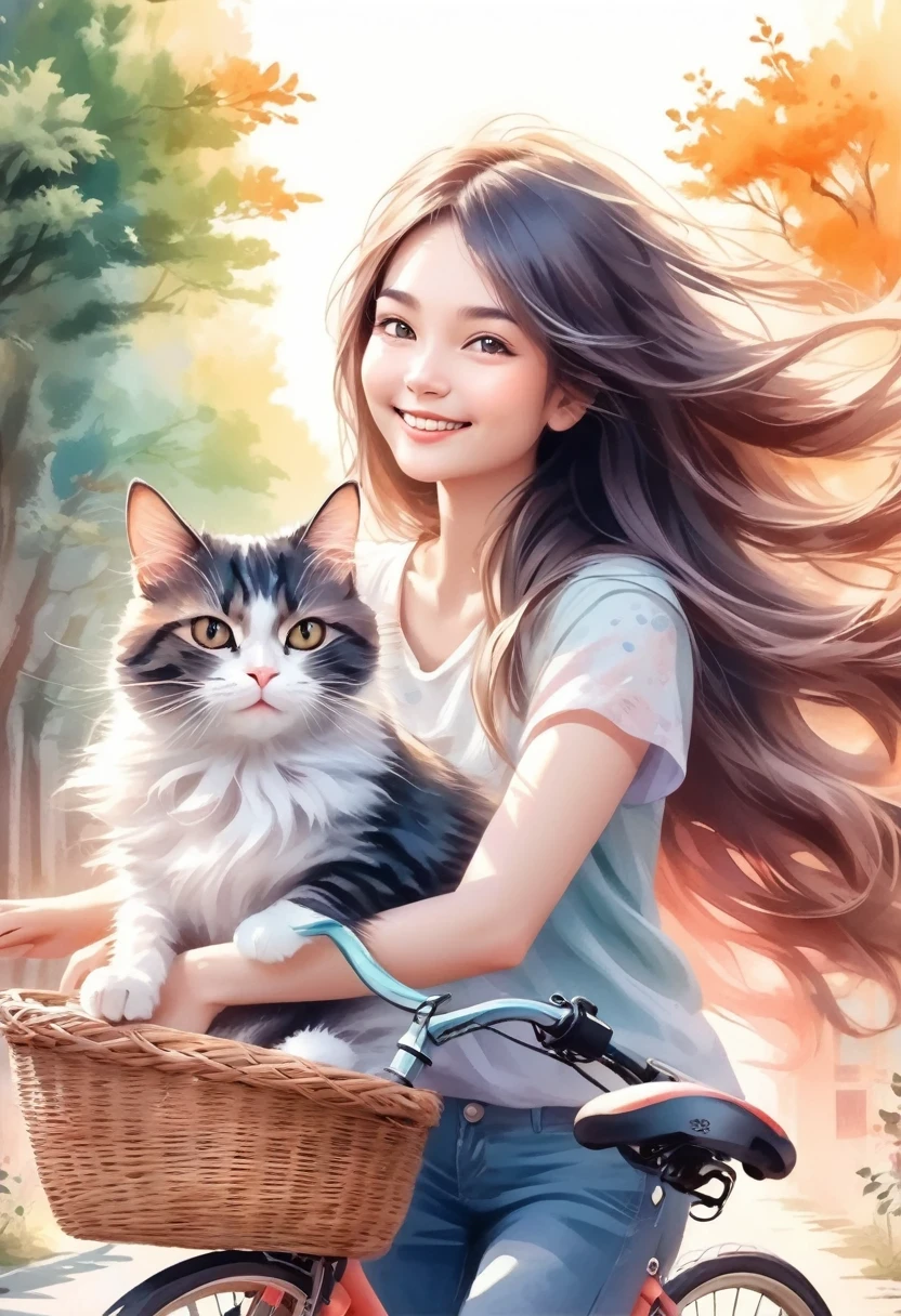 Young girl with cat, a woman with long flowing hair riding a bicycle with a cute smiling cat in the basket, she holds out her arms with a pleasant expression, illustration style, best details, crayon, pastel, matte, risky spray, grainy texture, diffuse gradient, fuzzy edges, rough textured watercolor paper