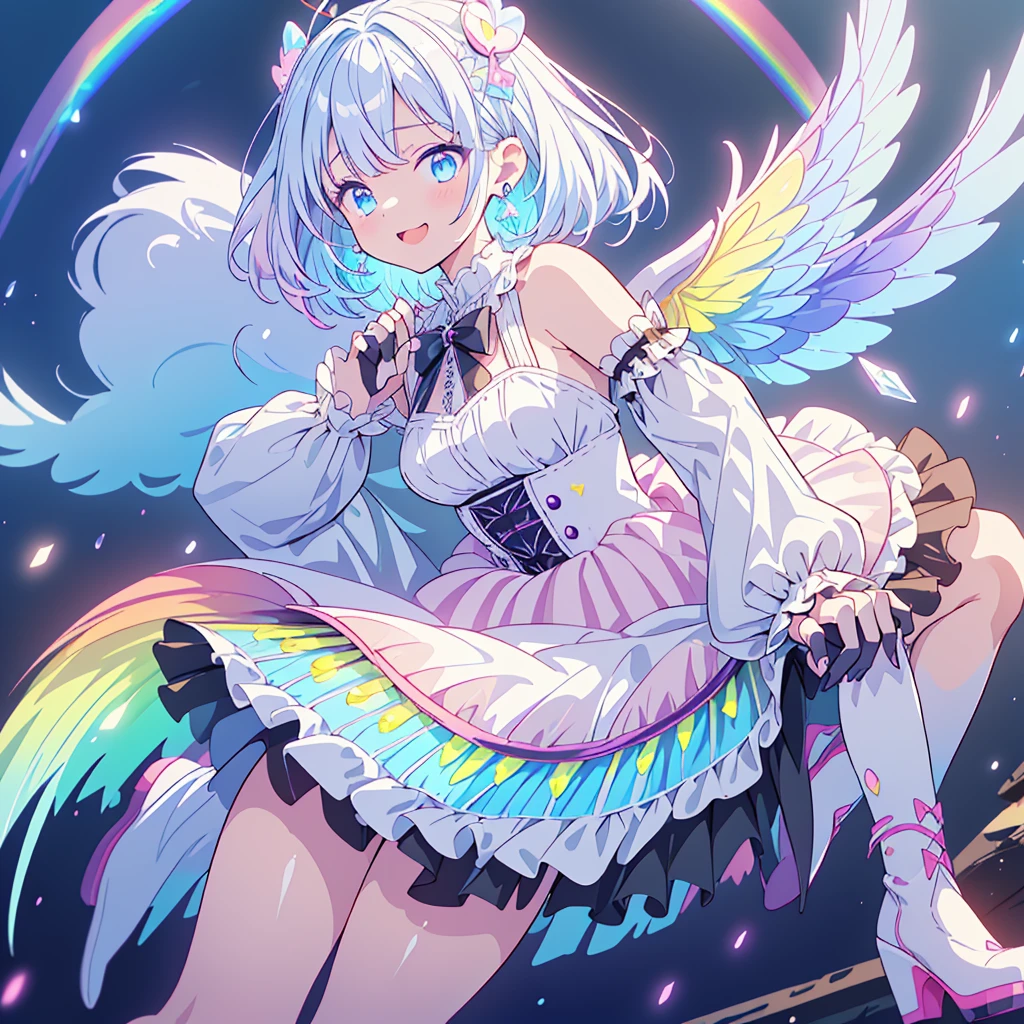 Female, I am a beautiful creature, clad in butterfly wings. They are colorful and stunning, with a halo made out of rainbows. I have white, long hair, twin ponytails, and rainbow eyes. My skin is pale white, like milk. I am curvy, yet soft in appearance. My nails, are a rainbow-like hue, and I often wear bracelets and anklets matching my wings' colors.