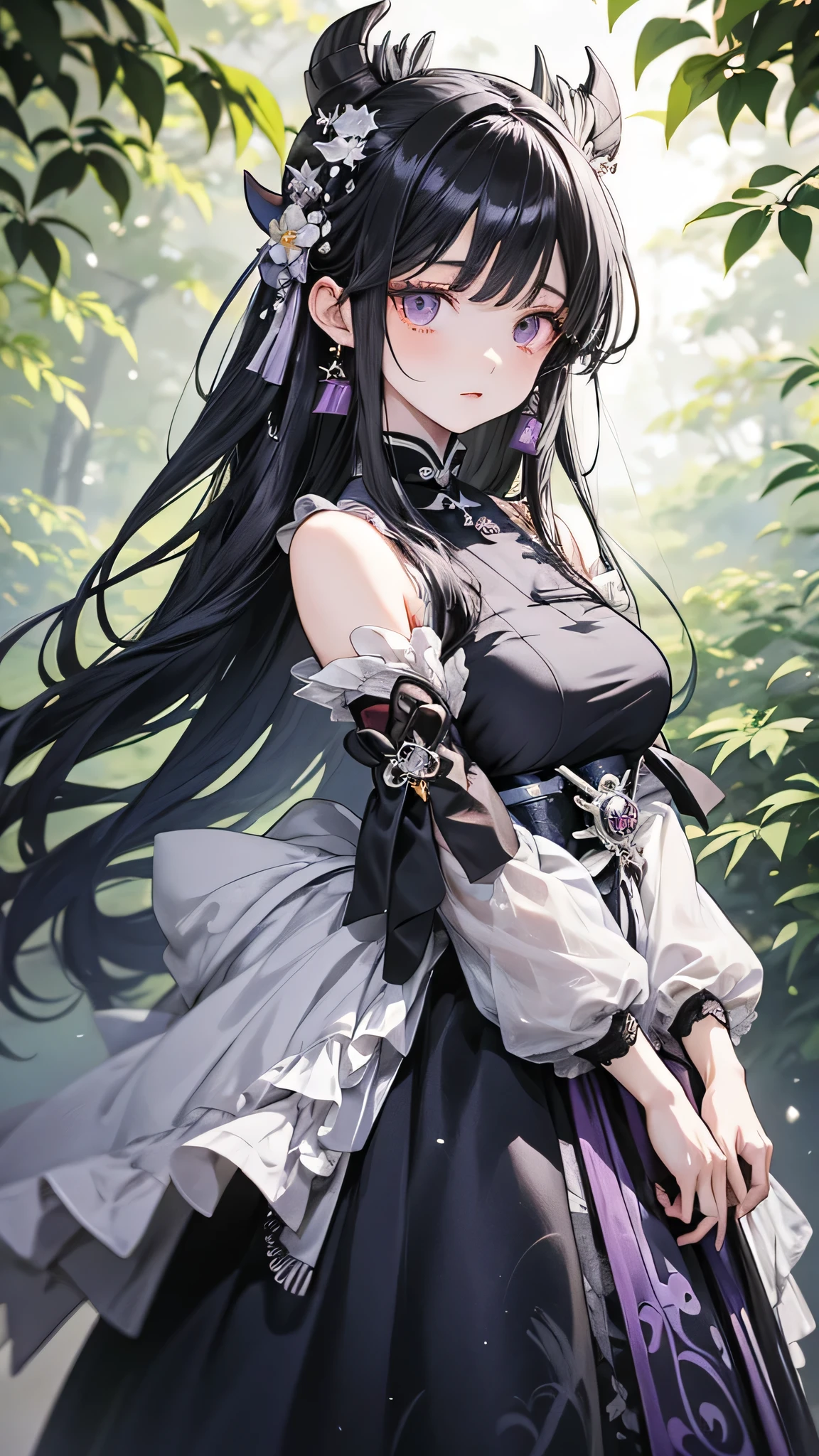 Anime girl in purple and black clothes standing in front of a forest, Keqing of Genshin Impact, Jongritsu of Genshin, Haise Jinyao, ayaka genshin impact, Anime Moe Art Style, Black-haired wizard, Demon Slayer Louis Fan Art, ayaka game genshin impact, Yunling, Inspired by Song Maojin