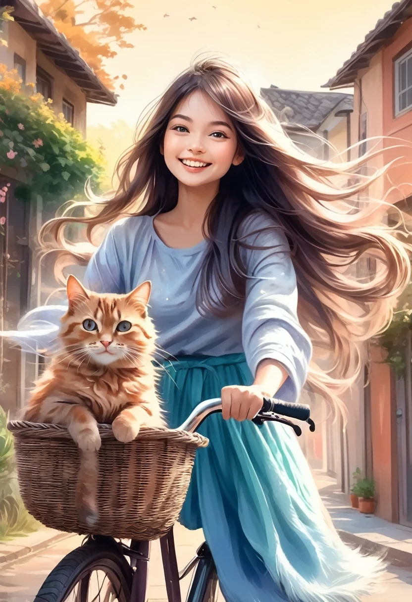Young girl with a cat, young girl with a cat, a woman with long flowing hair riding a bicycle with a cute smiling cat in the basket, she holds out her arms with a happy expression, illustration style, best details, crayon, pastel, matte, risque, grainy texture, diffuse gradient, blurred edges, rough textured watercolor paper 