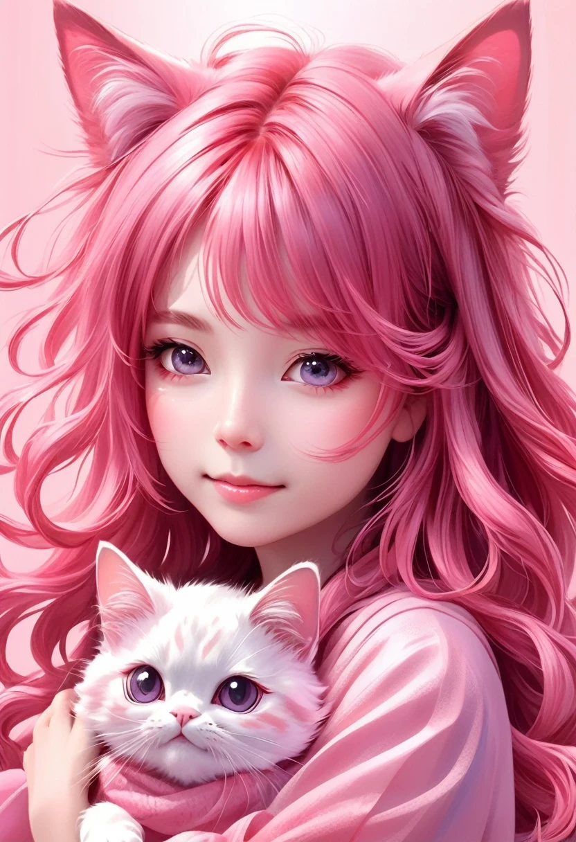 Girl with Cat,Girl with cat,Pink medium long hair, cute, Q version, happy, squinting eyes, Japanese illustration, Celluloid