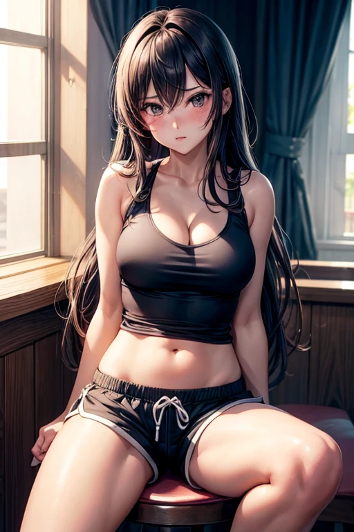 a very sexy anime women in running shorts and no bra sitting down in barstool, 1girl, solo, breasts, sitting, long hair, short shorts, cleavage, looking at viewer, curtains, blush, navel, window, short shorts, indoors, large breasts
