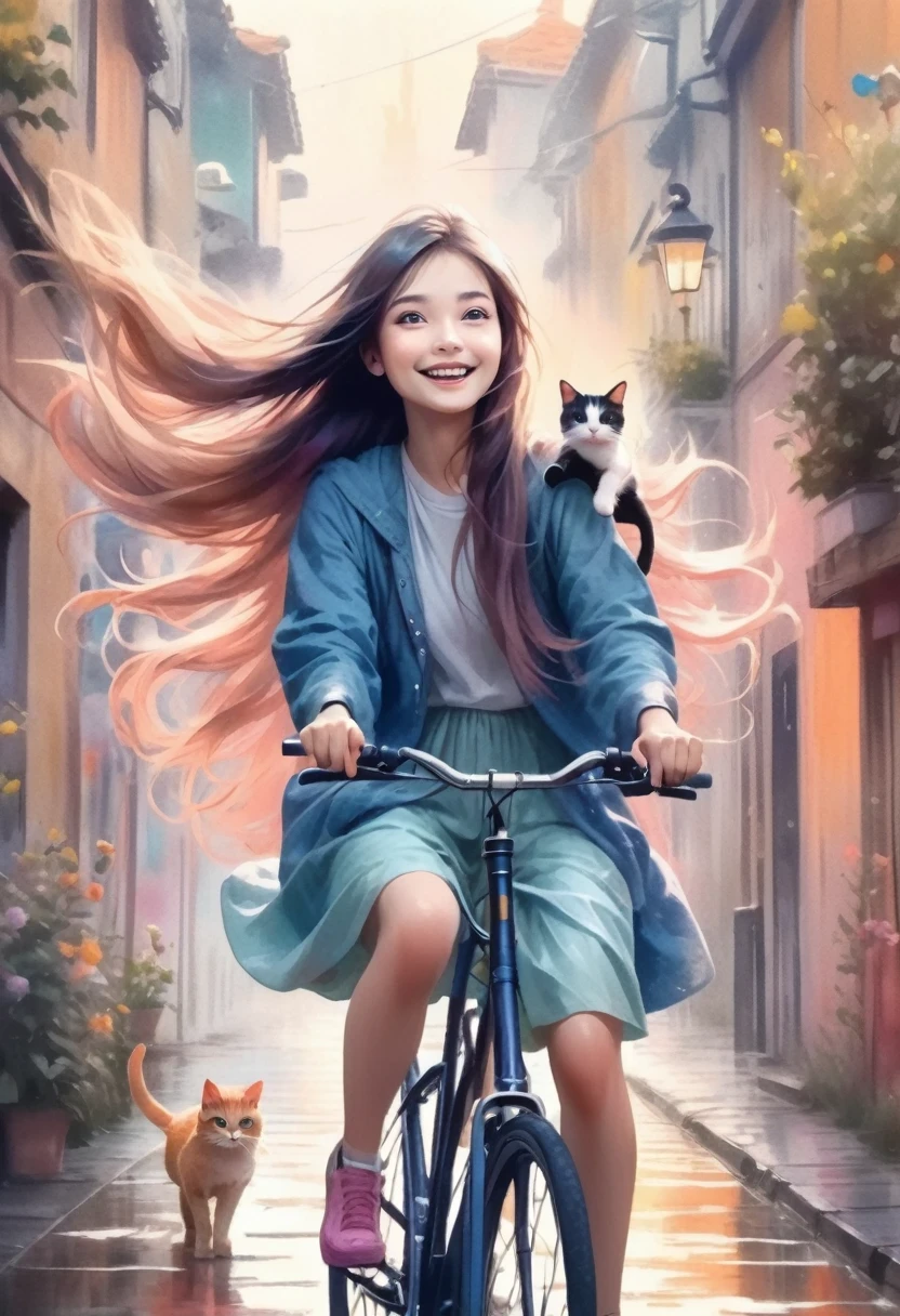 Girl with Cat,A European woman with long hair riding a bicycle, her hands outstretched and her expression joyful, illustration style,best details,crayon,Pastels,foggy,risograph,grainy texture, diffuse gradients,Blurred edges,Coarse grain watercolor paper --ar 3:4