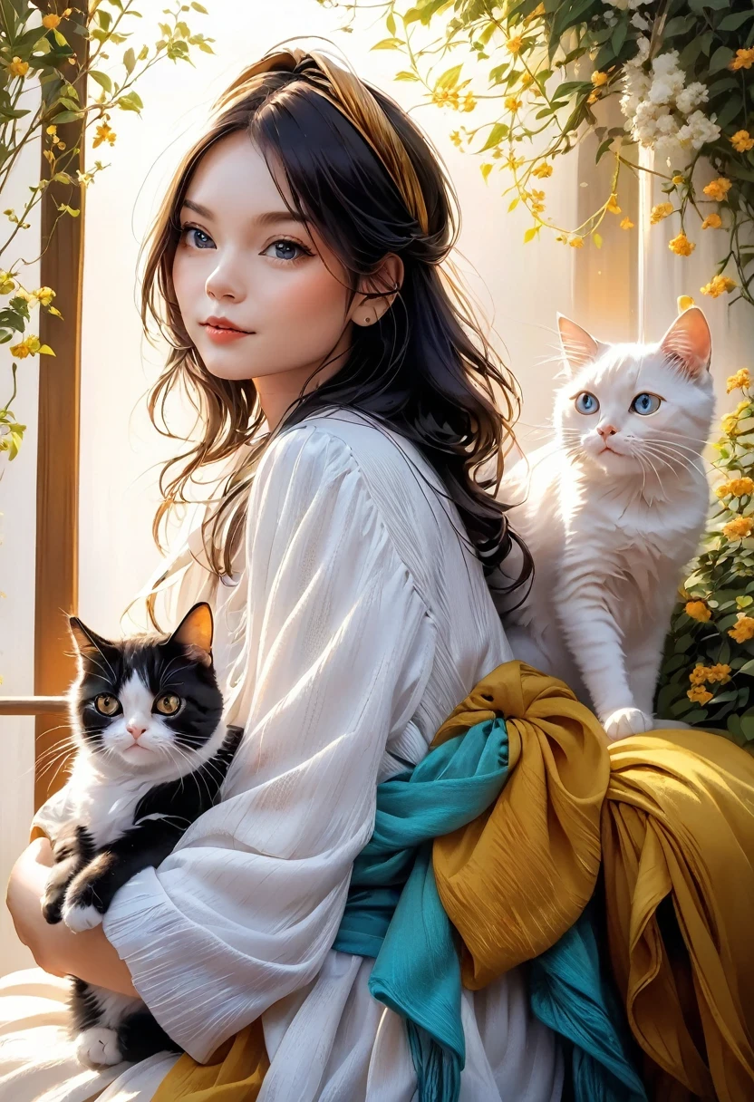 araffe with long hair holding a cat in her arms, big cheeks holding her cat, she is holding a cat in her arms, holding a cat, she has a cute face, with small cat on lap, beautiful young catgirl, better known as amouranth, very beautiful cute catgirl, amouranth, with cats on her side