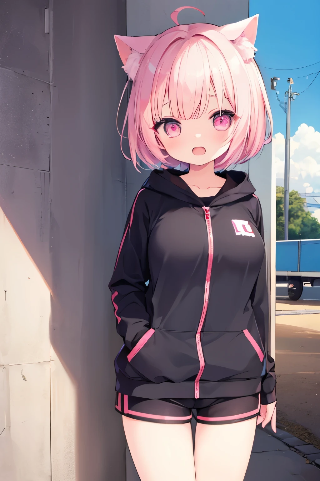 NSFW,lifeguard、Very beautiful and Shining Eyes、Shining Eyes、1 girl、Large Breasts、Big Mouth、high school girl、Small breasts、Cat ear、Transparent pink short hair、hot pants、7--old l