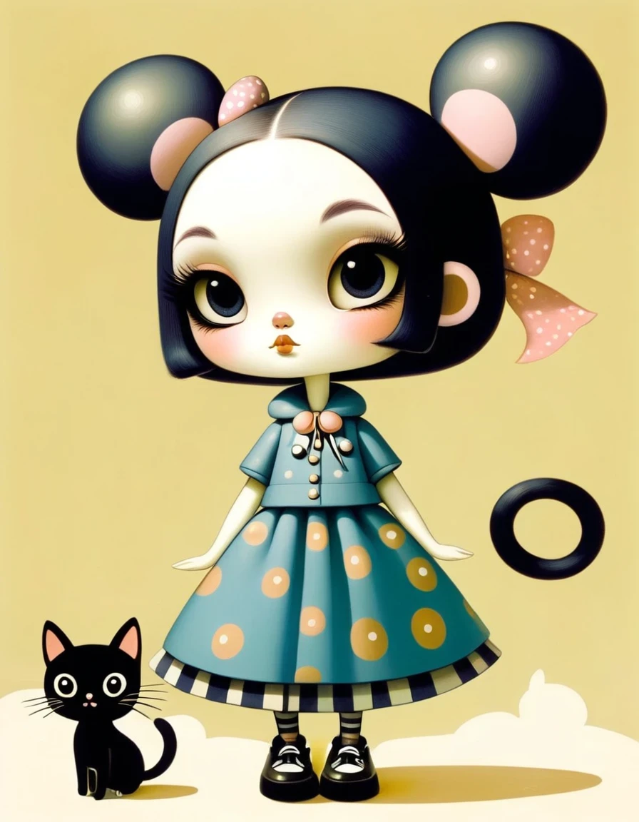 Girl with Cat，in style of Gary Baseman , character concept design, half body 