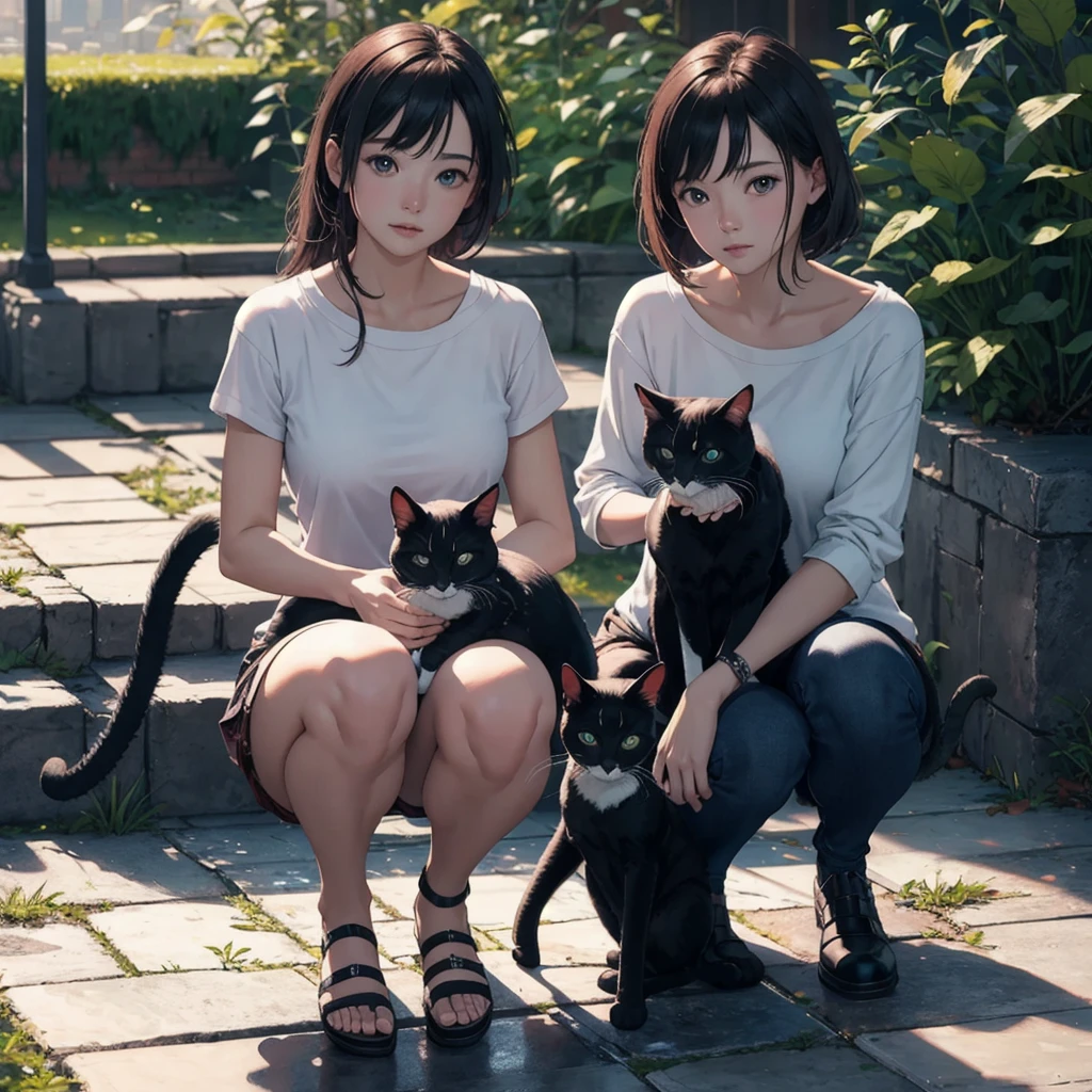 highest quality, Perfect Face, Complex, Beautiful views, Ultra-realistic 8K CG,Perfect artwork, (Ultra-high resolution:1.0), 8k, RAW Photos, (masterpiece:1.2), (PurerosFace_v1:0.5), 2 cats, Two Girls, Sitting, Crouching with one&#39;s back turned, A girl carrying a cat on her back, A cat curled up and sleeping on a girl&#39;s back, Girl&#39;s face looking back, Cat on top, Girl below, Curled up in the cold, A girl curled up and her friend&#39;s girl looking at a cat, indoor, Western-style room, poster on wall, Low Desk, textbook, Note, A scene of students relaxing while studying for a test