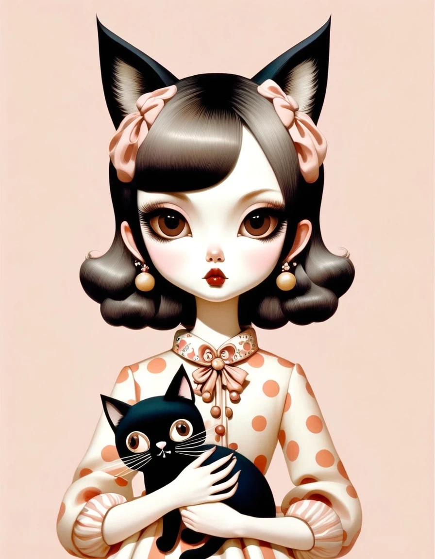 Girl with Cat,in style of Gary Baseman , character concept design, half body