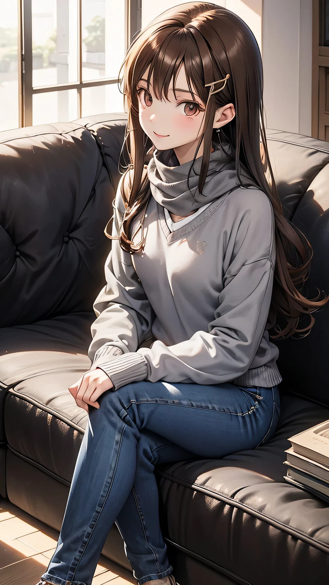 Bell, anime, Brown Hair, Medium chest, Brown eyes, A light smile, jeans, scarf, Grey sweatshirt, Blue pants, Sitting, Sitting cross-legged, Inside the smart home, Sitting on the couch, Asada Shino's face, anime Sword Art Online, highest quality