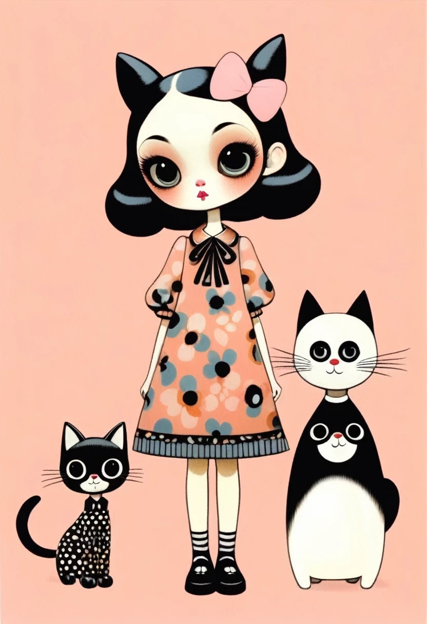 Girl with Cat，in style of Gary Baseman , character concept design, half body 