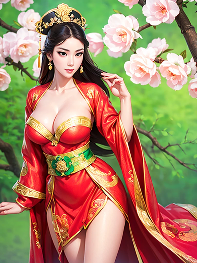 beautiful traditional chinese dress, adult woman, highly detailed and realistic, extremely beautiful woman, korean, beautiful outdoor background, cleavage, large breasts, 8k, black eyes, natural eyes, realistic facial features, beautiful leg line, sexy, full body shot, realistic body proportions, accurate eye proportions, frontal view, realistic and slender face, legs exposed