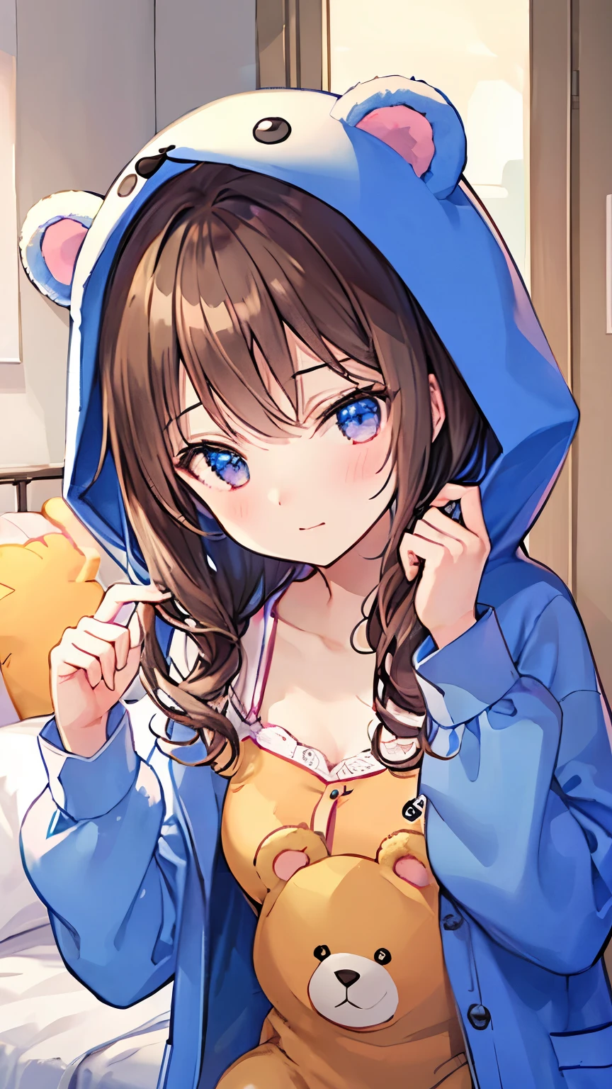 brown hair, (animal hood, bear ears), fake animal ears, textured skin, high details, high quality, best quality, masterpiece, Girl wearing a bear costume, ((bear costume style pajamas)), bedroom, stuffed animal