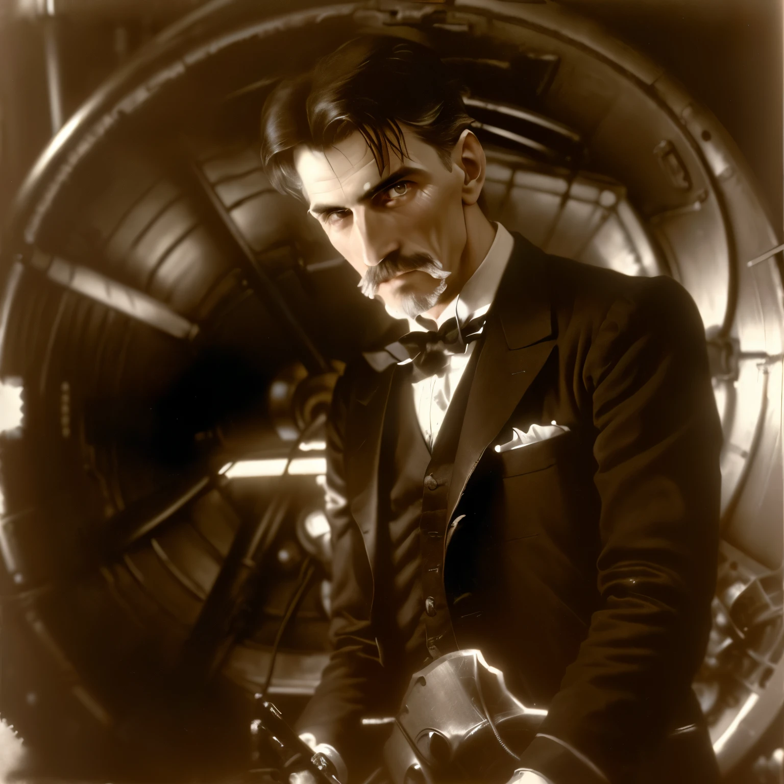 Nikola Tesla in a suit and tie standing in front of a generator,