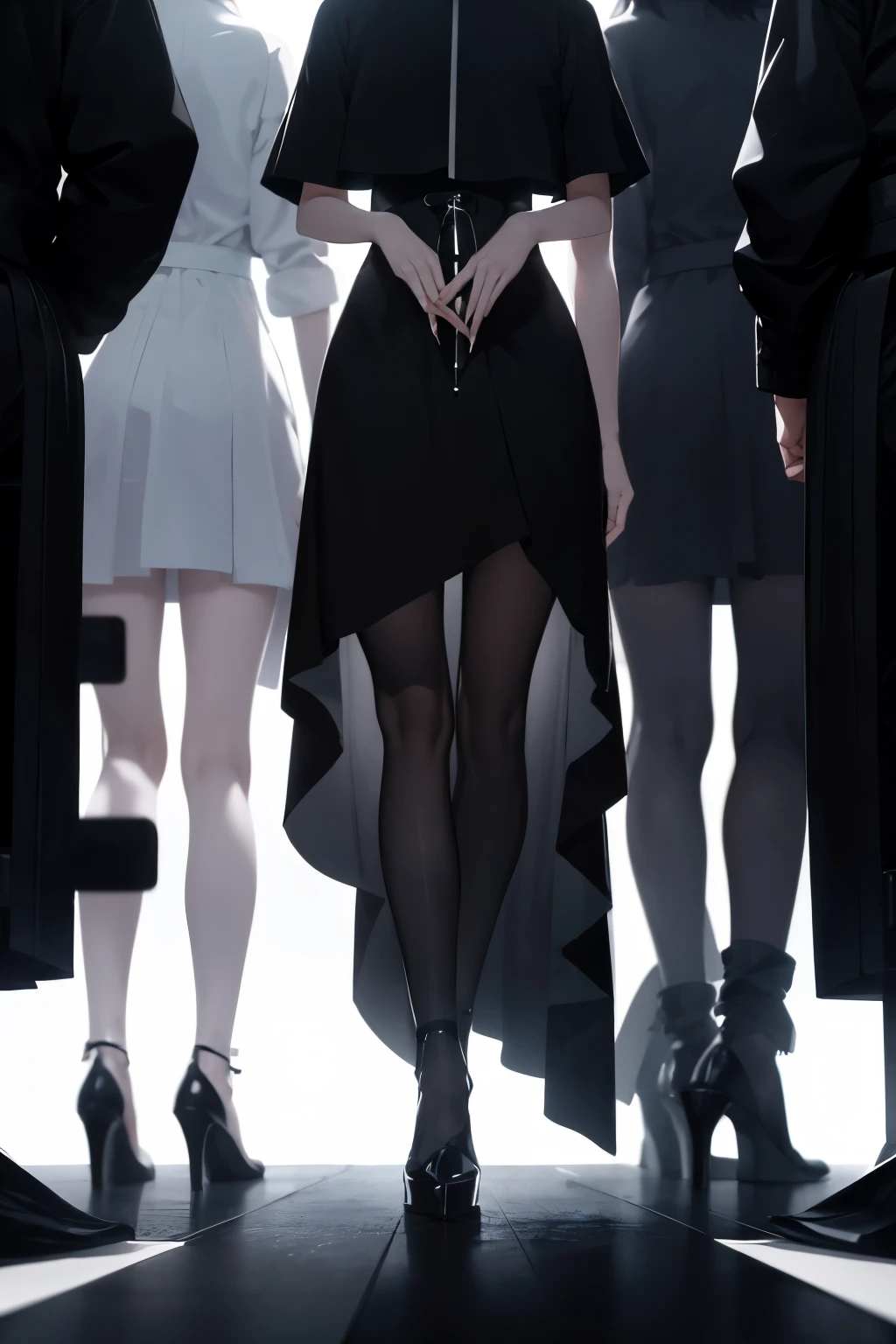 ((4 women, of different sizes,((bandages on their breasts, mini skirt, small breasts,((very long black and white hair, hopeless face)),((standing, 1 arm behind back)),in a haunted forest, at night,