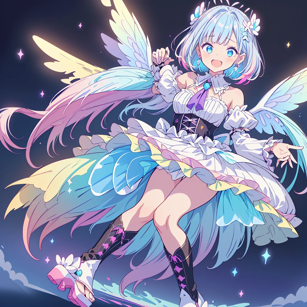 1girl,Best image quality、(((Esbian all over))),Character portrait、Excellent style、Laugh as hard as you can、Beautiful feet、Leather shoes、Dynamic Pose、, young、Gothic ta, (((Milky white and light blue gradation hair))), Blue eyes, (mascara), Short bangs, ((Hair above the eyes)), Pink mixed hair、Mesh color pink、Medium chest, Frills,白いFrills, Black Theme, break ((colorful, Bright colors):1.3), (like a hologram々Bright colors彩を放つドレスです:1.5), ((rainbow crinoline, Multilayer skirt that stands out in black):1.4), (Gothic Loli.2), (Lace-up:1.2), ((No sleeve, Exposing shoulders):1.2), (Rainbow fairy wings:1.3), break (Platform high boots:1.1), (Long gloves:1.2), ((Earrings, Reman):1.2), Faithfully, (((Eye focus))), (((Laughter))), The background is blurred, Hollow Eyes, Purple Theme、Displaying the viewer, (((night))), (((hair ornaments)))、kawaii tech、hands、