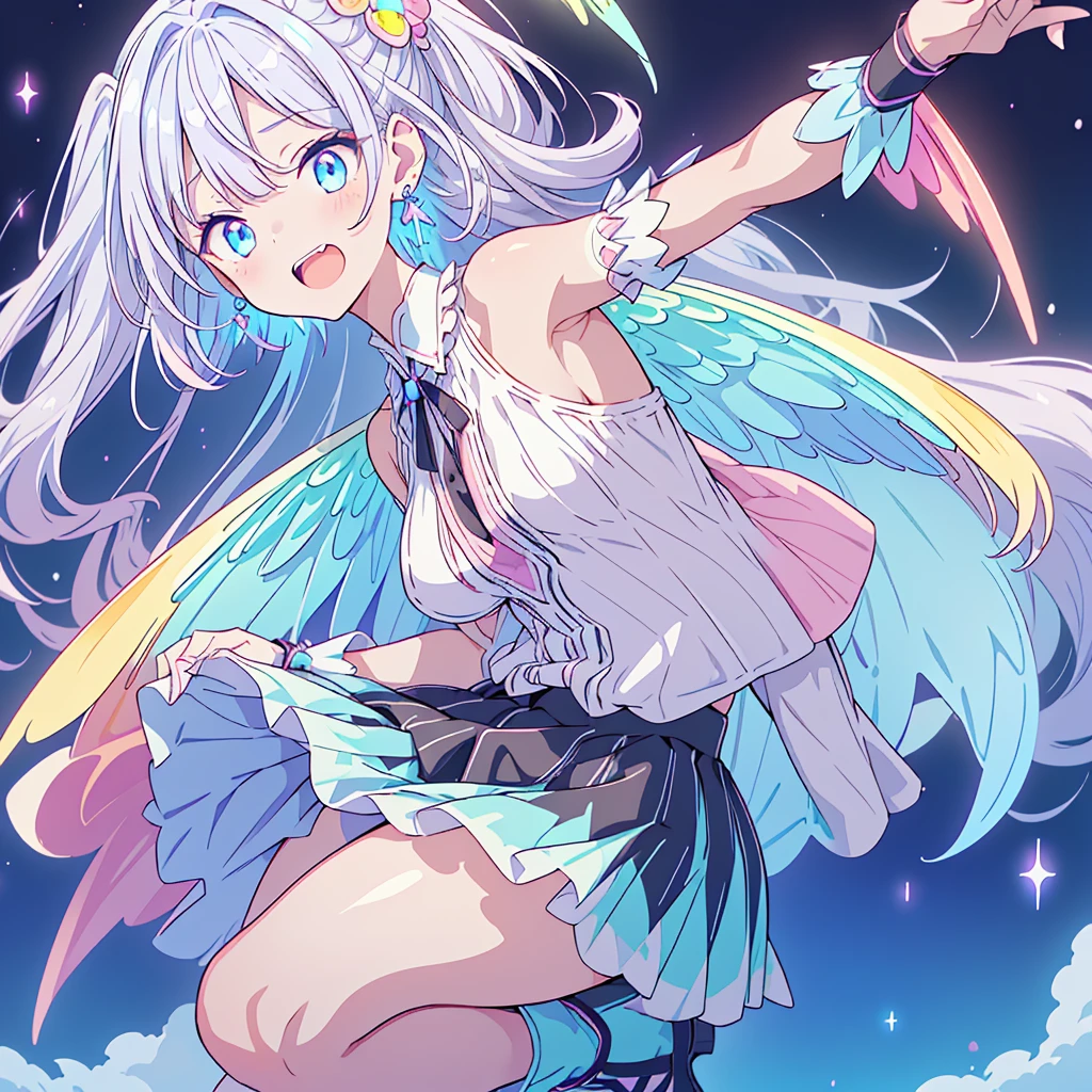 1girl,Best image quality、(((Esbian all over))),Character portrait、Excellent style、Laugh as hard as you can、Beautiful feet、Leather shoes、Dynamic Pose、, young、Gothic Lolita, (((Milky white and light blue gradation hair))), Blue eyes, (mascara), Short bangs, ((Hair above the eyes)), Pink mixed hair、Mesh color pink、Medium chest, Frills,白いFrills, Black Theme, break ((colorful, Bright colors):1.3), (like a hologram々Bright colors彩を放つドレスです:1.5), ((rainbow crinoline, Multilayer skirt that stands out in black):1.4), (Gothic Lolita:1.2), (Lace-up:1.2), ((No sleeve, Exposing shoulders):1.2), (Rainbow fairy wings:1.3), break (Platform high boots:1.1), (Long gloves:1.2), ((Earrings, Reman):1.2), Faithfully, (((Eye focus))), (((Laughter))), The background is blurred, Hollow Eyes, Purple Theme、Displaying the viewer, (((night))), (((hair ornaments)))、kawaii tech、hands、
