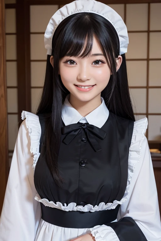 masterpiece, best quality, 1girl, Japanese maid outfit, long black hair, frilly, upper body, smiling
