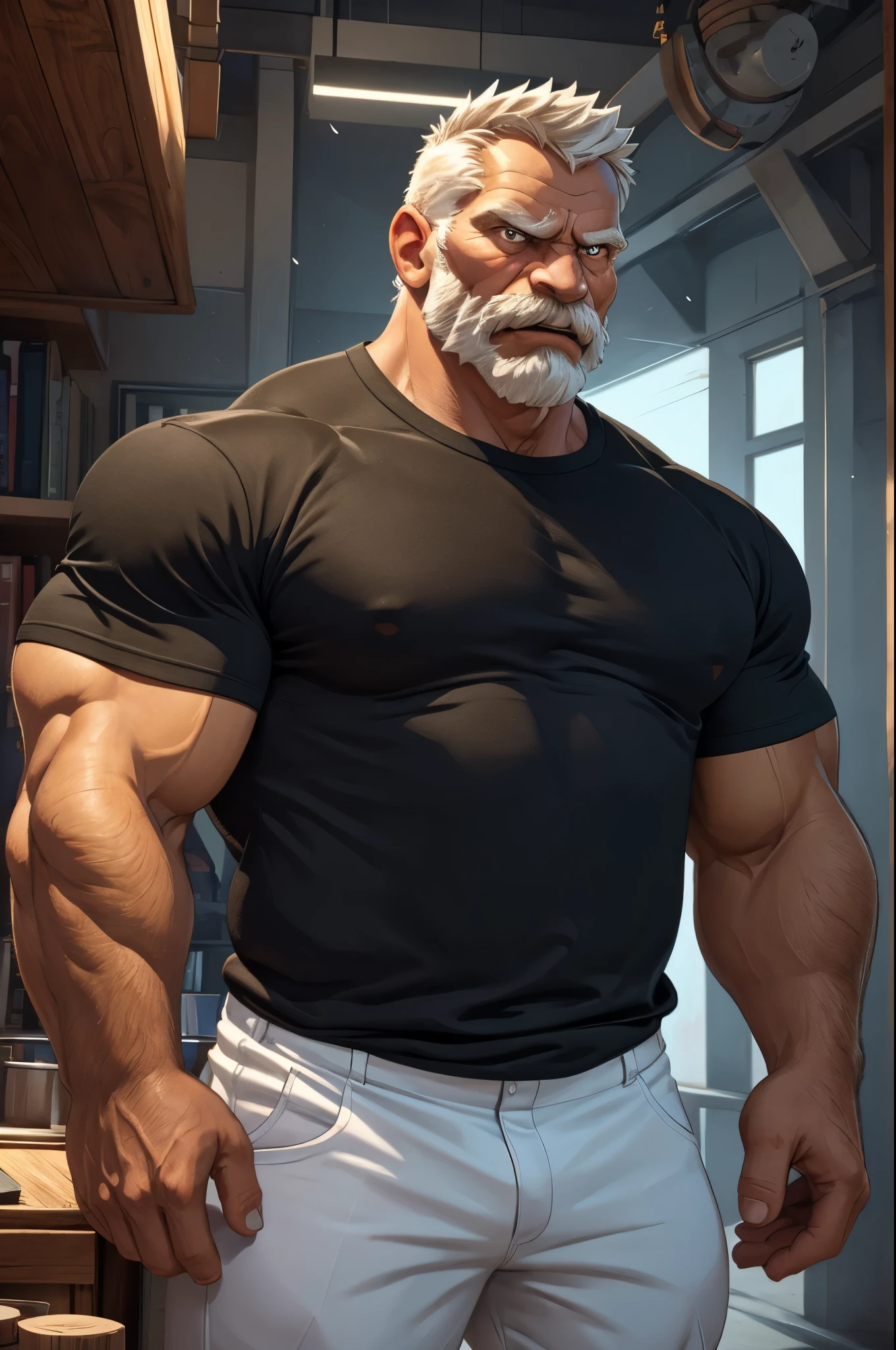 huge muscular, massive muscular, full-body, well-muscled old man in a white shirt. Make sure the resulting image has a cartoonish look, with vibrant colors and smooth edges. Add details to give the old man an angry look, such as furrowed brows and a tight mouth. Make sure that the black shirt striped with white is an important element of the image, and add details to make it attractive and interesting. Add textures and details to make the image more realistic, such as the appearance of the shirt texture and the appearance of the skin. Make sure the resulting image is high resolution, 8K quality."