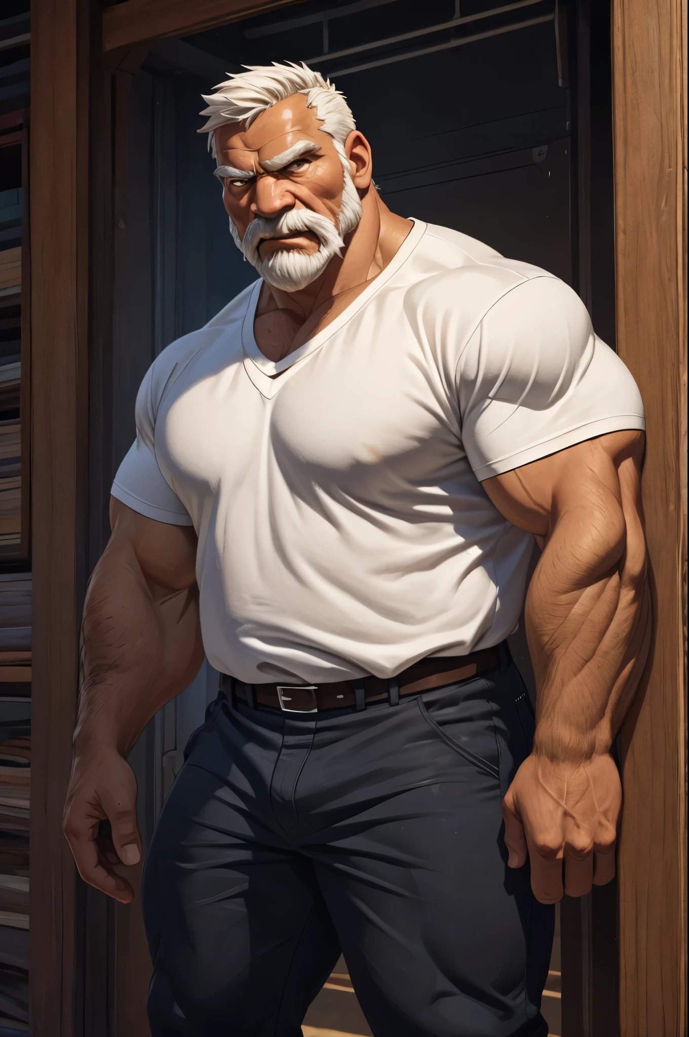 huge muscular, massive muscular, full-body, well-muscled old man in a white shirt. Make sure the resulting image has a cartoonish look, with vibrant colors and smooth edges. Add details to give the old man an angry look, such as furrowed brows and a tight mouth. Make sure that the black shirt striped with white is an important element of the image, and add details to make it attractive and interesting. Add textures and details to make the image more realistic, such as the appearance of the shirt texture and the appearance of the skin. Make sure the resulting image is high resolution, 8K quality."