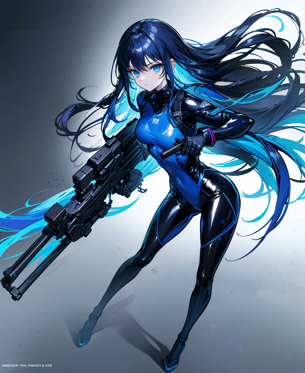 There is no background,girl,Carry a firearm,Patent leather tight suit,Use of firearms,Navy blue long hair,attention arousal,Blue colored eyes,No gradients