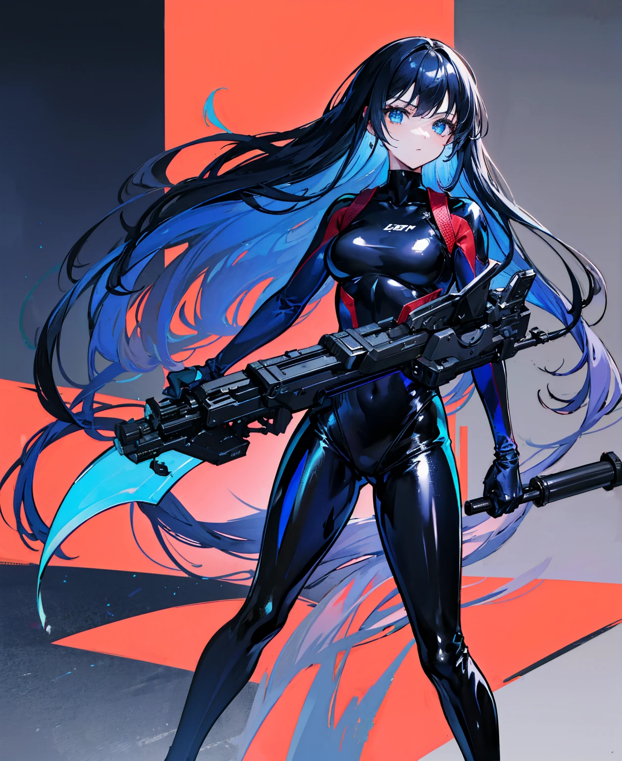 There is no background，girl，Carry a firearm，Patent leather tight suit，Use of firearms，Navy blue long hair，attention arousal，Blue colored eyes,No gradients