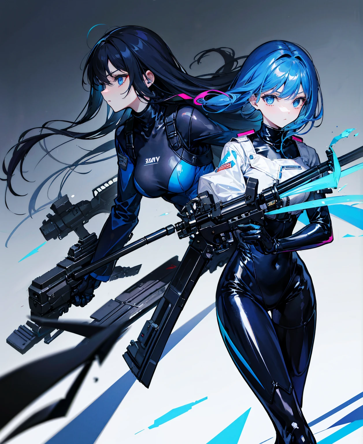 There is no background,girl,Carry a firearm,Patent leather tight suit,Use of firearms,Navy blue long hair,attention arousal,Blue colored eyes,No gradients