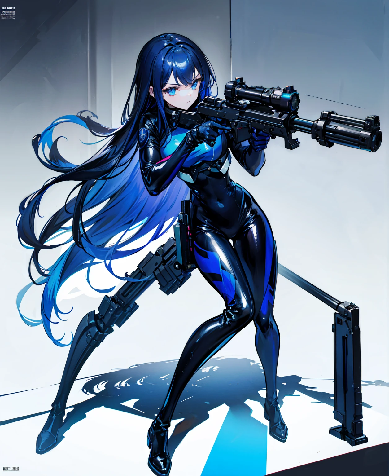 There is no background,girl,Carry a firearm,Patent leather tight suit,Use of firearms,Navy blue long hair,attention arousal,Blue colored eyes,No gradients