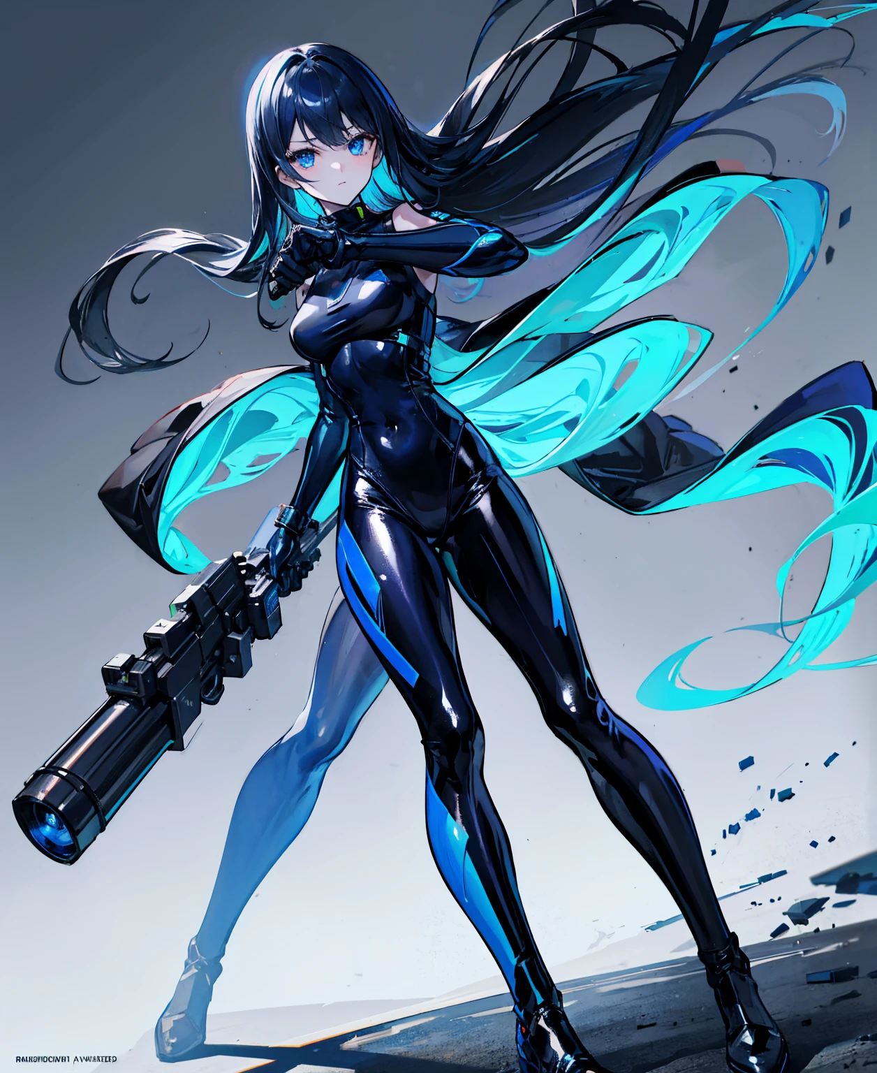 There is no background，girl，Carry a firearm，Patent leather tight suit，Use of firearms，Navy blue long hair，attention arousal，Blue colored eyes,No gradients