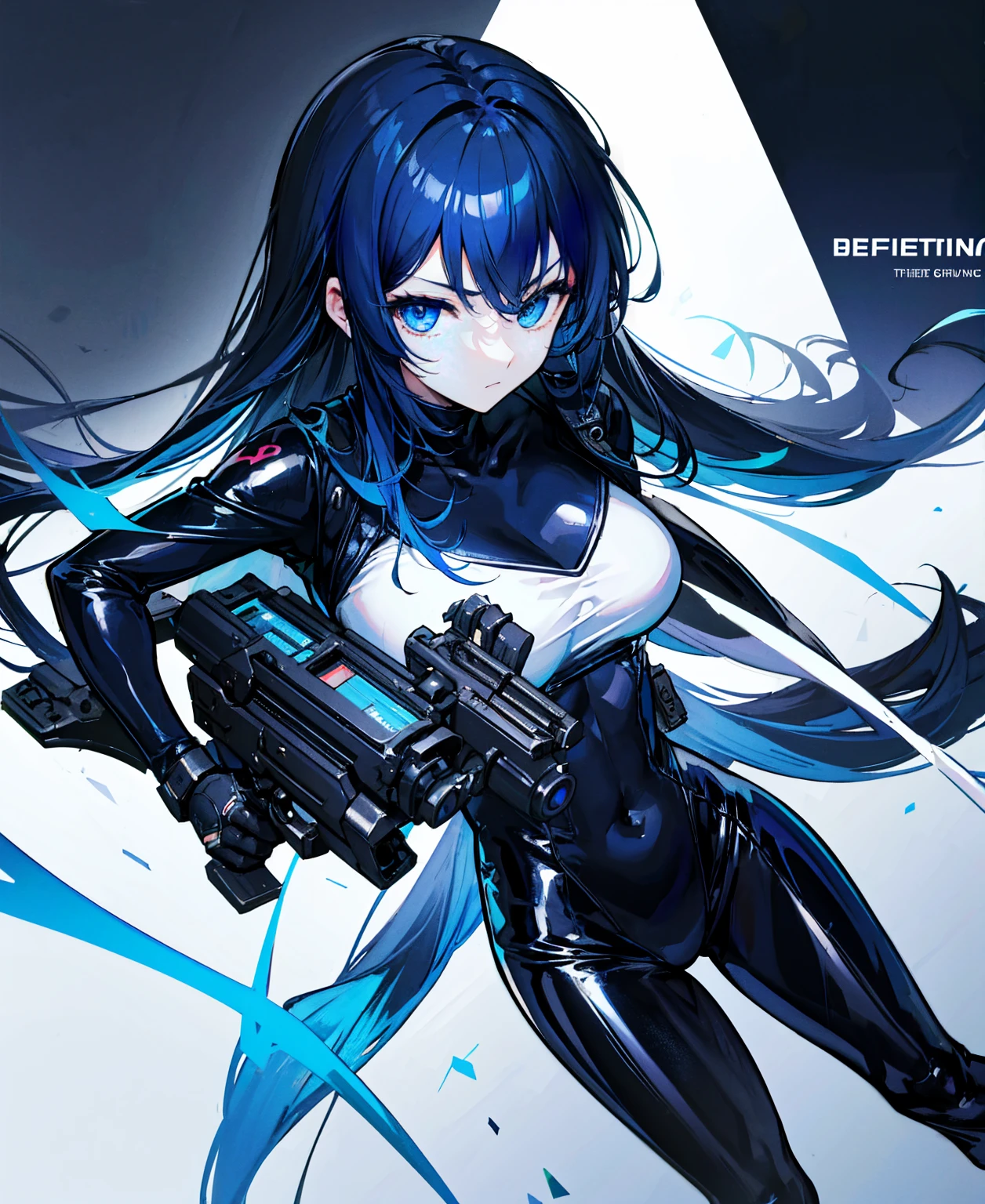 There is no background,girl,Carry a firearm,Patent leather tight suit,Use of firearms,Navy blue long hair,attention arousal,Blue colored eyes,No gradients
