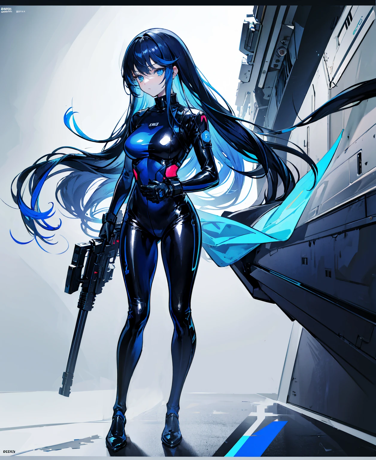 There is no background,girl,Carry a firearm,Patent leather tight suit,Use of firearms,Navy blue long hair,attention arousal,Blue colored eyes,No gradients