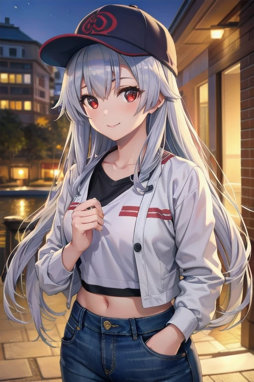 a masterpiece of tomoe gozen, a girl with red eyes and cute smile, looking directly at the viewer, with silver hair, wearing a light jacket, jeans, and a crop top with a baseball hat, (best quality,4k,8k,highres,masterpiece:1.2),ultra-detailed,(realistic,photorealistic,photo-realistic:1.37),portraits,vivid colors,soft lighting