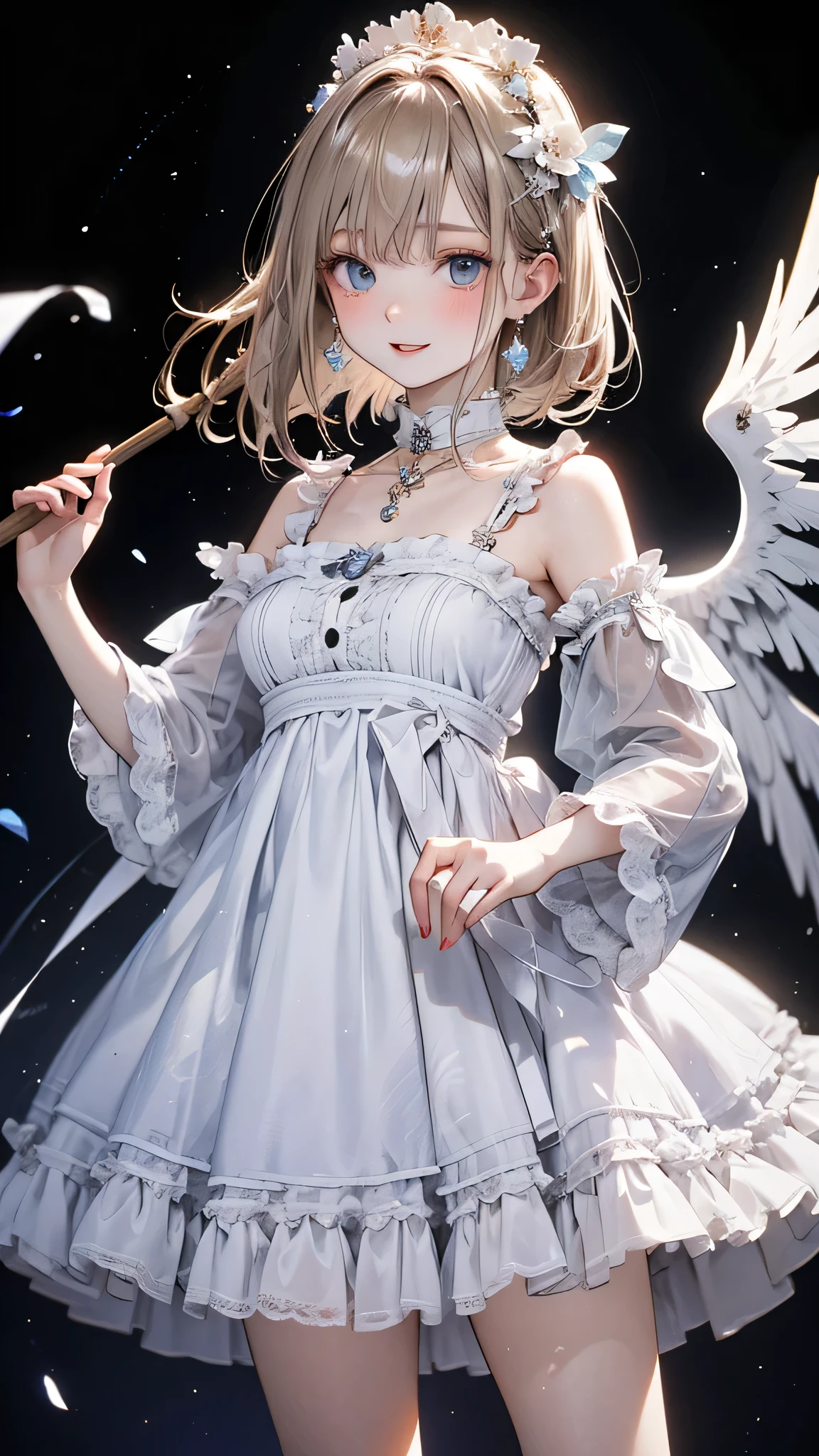 High resolution, highest quality, masterpiece, 超High resolution, 超High resolution, Ultra-realistic, 3D, anime, figure, alone, A very beautiful and cute woman in her 20s, She was wearing a pale white floral mini-skirt dress.、Flapping its wings, Her hair is moving, whole body, Amazing perfect ratio, Shiny light brown medium length hair, High Layer Cut, Mallet Hairstyles, Bright Blue Eyes, Happy, shy