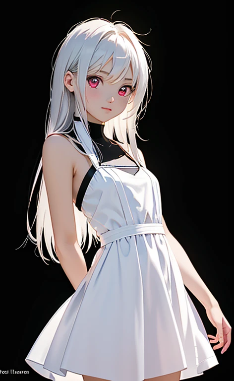 (Photorealistic:1.4)、asuna,(masterpiece、lens flare:1.5、spot light:1.2、Exquisite beautiful eyeonochrome:1.5,portlate、)、Cute Face、 3D Face、(platinum White hair:1.5、Straight Hair)、(1 Girl)、(Red eyes:1.2)、(cowboy shot)、(),(Sundress)、 (Cute face:1.2),(),(),kind face,(Small breasts),(black background:1.5)、(glowing eyes:1.3)、()、 Neat and clean、Adorable、Slim Body(Tareme:1.5),Shiny Hair、(Glowing pink Skin)、Nijisketch,Manga,zydG