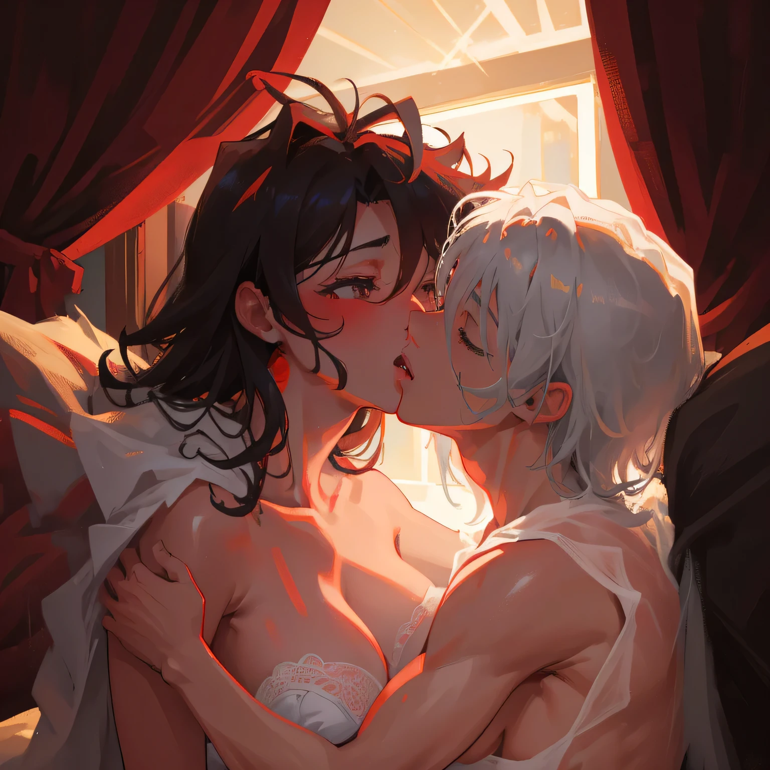 Amazing portrait of a shirtless boy passionately kissing a sexy woman wearing an unbuttoned sheer white shirt that shows the sexy red lingerie underneath in an intense scene that takes place in a dark room with one lamp giving off some warm lighting and they're sweaty and lustful and erotic as they're passionately making out intimately