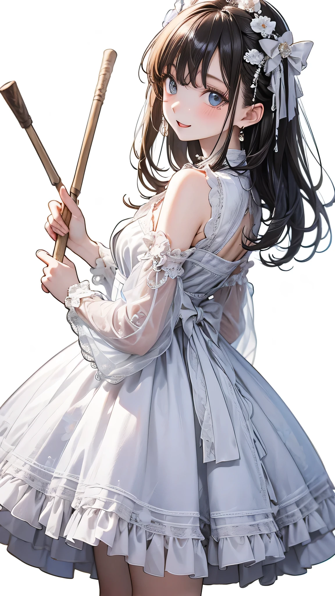 High resolution, highest quality, masterpiece, 超High resolution, 超High resolution, Ultra-realistic, 3D, anime, figure, alone, A very beautiful and cute woman in her 20s, She was wearing a pale white floral mini-skirt dress.、Flapping its wings, Her hair is moving, whole body, Amazing perfect ratio, Shiny light brown medium length hair, High Layer Cut, Mallet Hairstyles, Bright Blue Eyes, Happy, shy