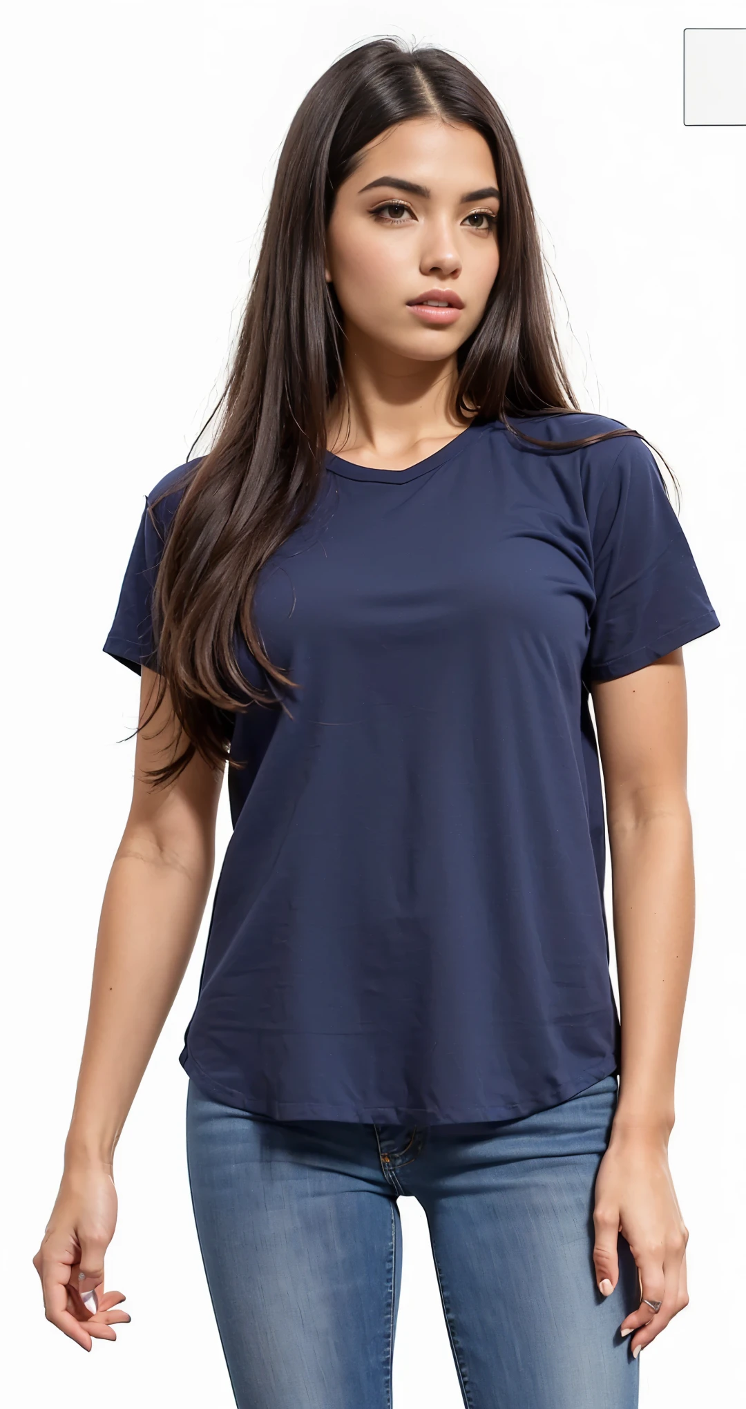 a woman wearing a blue camisa and jeans standing in front of a white background, Marinha-blue, Marinha blue, t-camisa, t - camisa, Manga curta, ceroso, atrevido, Marinha camisa, blue tight tcamisa, onyx, Vivia, dark blue camisa, cinza, Marinha, ambientado em 19xx, camisa, exist, lustroso, raposa