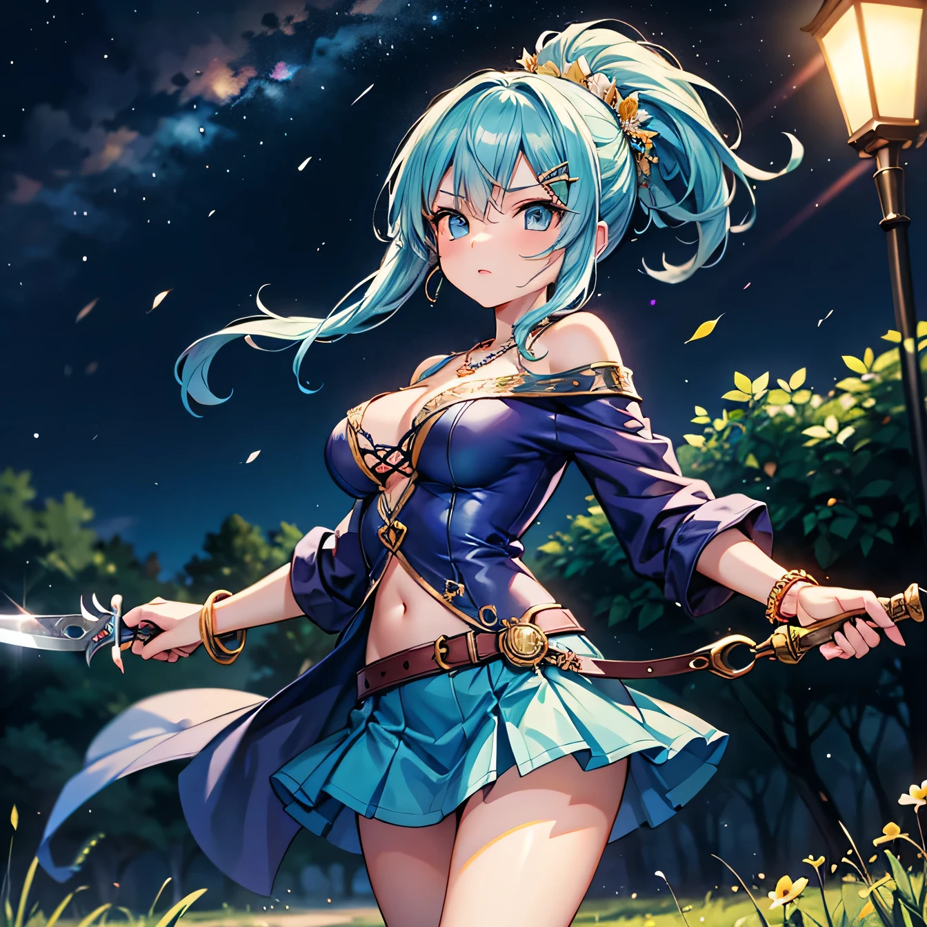 Anime Moe Art Style,highest quality,High resolution,Anatomically correct,One Girl,Mid-teens,A girl with light blue hair in a ponytail,Super detailed,Fantasy World,Off-the-shoulder tops,mini skirt,Big Breasts,A rich expression,Serious expression,Holding a dagger in reverse,Fighting,Plains at night,Eyes drawn in detail,hair ornaments,necklace,bracelet,ring,8K