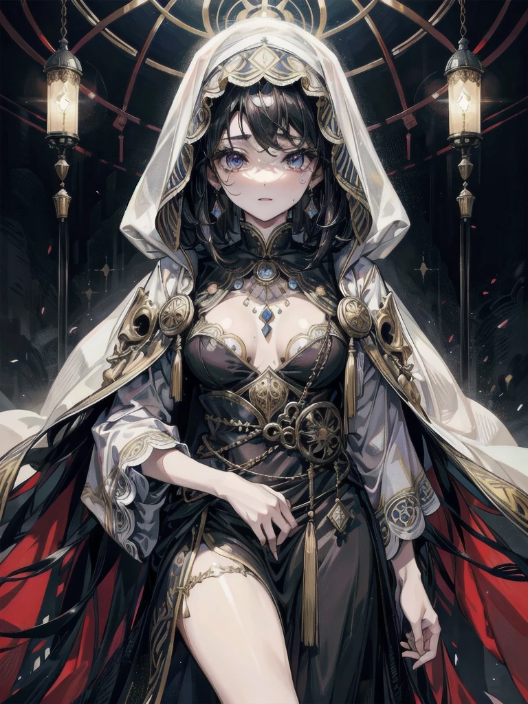 whole body, fortune teller robes, in gipsy tent, skirt, face veil, robe, cloak, absurdres, RAW photo, extremely delicate and beautiful, masterpiece, Best Quality, ultra high resolution, 32k, hyperrealistic, ultra-detailed, perfect figure, perfect shape, detailed description, pale skin, 20 years old, detailed beautiful face and eyes, tearful mole, earring, short medium hair, wavy hair, black hair,