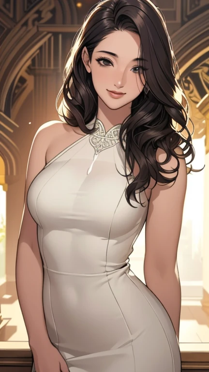a beautiful woman with voluptuous curves, seductive eyes staring directly at the viewer, wearing a low-cut dress revealing her ample cleavage, flawless skin, long flowing hair, sensual expression, dramatic lighting, photorealistic, high quality, cinematic, elegant, romantic, chiaroscuro