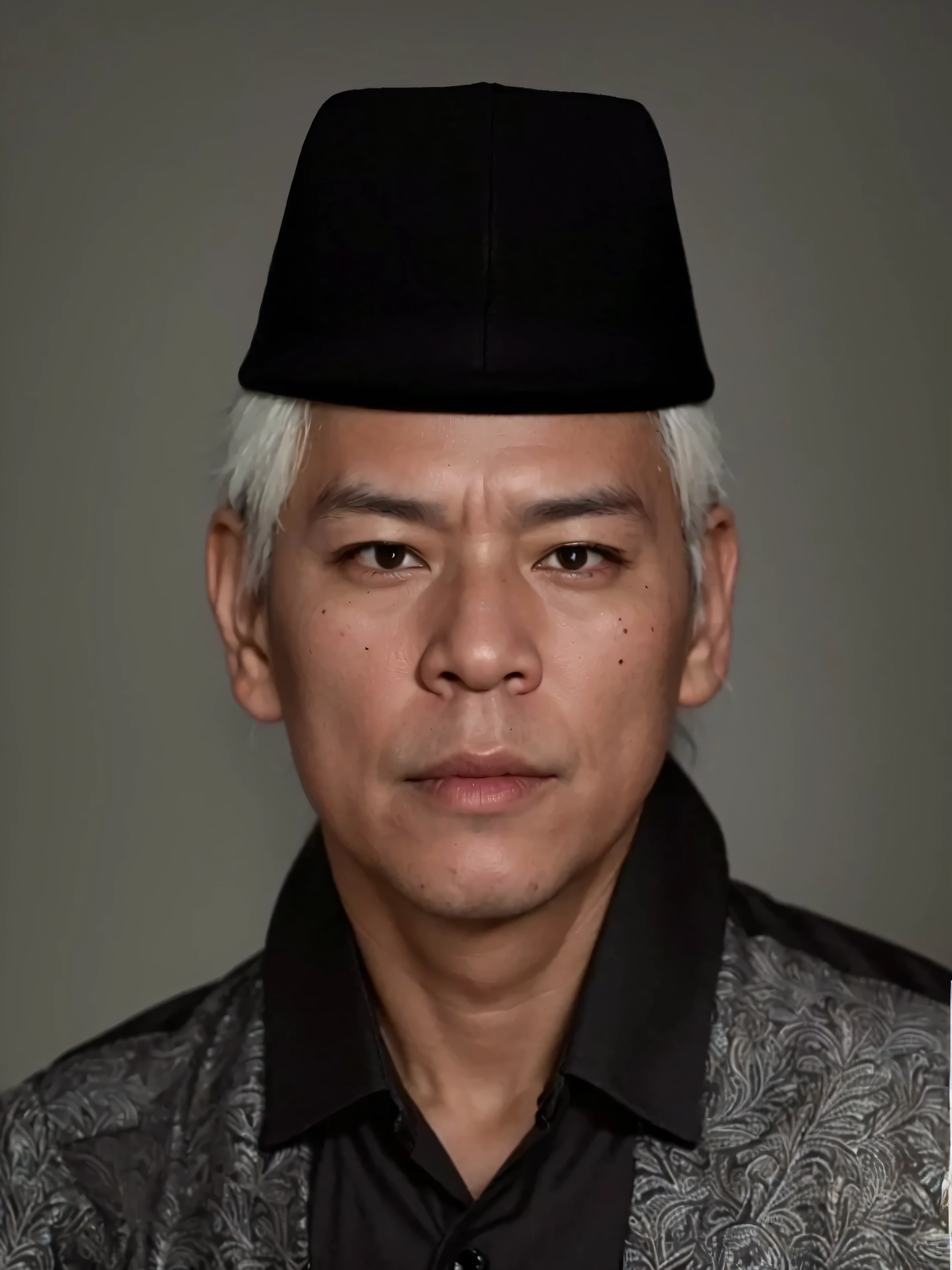 Make this photo look realistic dan detailed, arafed man with a black hat and a black batik shirt, 70 years old man, realistic restored face, realistically rendered face, asian human, south east asian with round face, asian man, very detailed potrait, realistic portrait photo, close up potrait, profile portrait, very detailed face, very realistic face, very perfected face, very detailed clothes, very realistic clothes, very perfected clothes