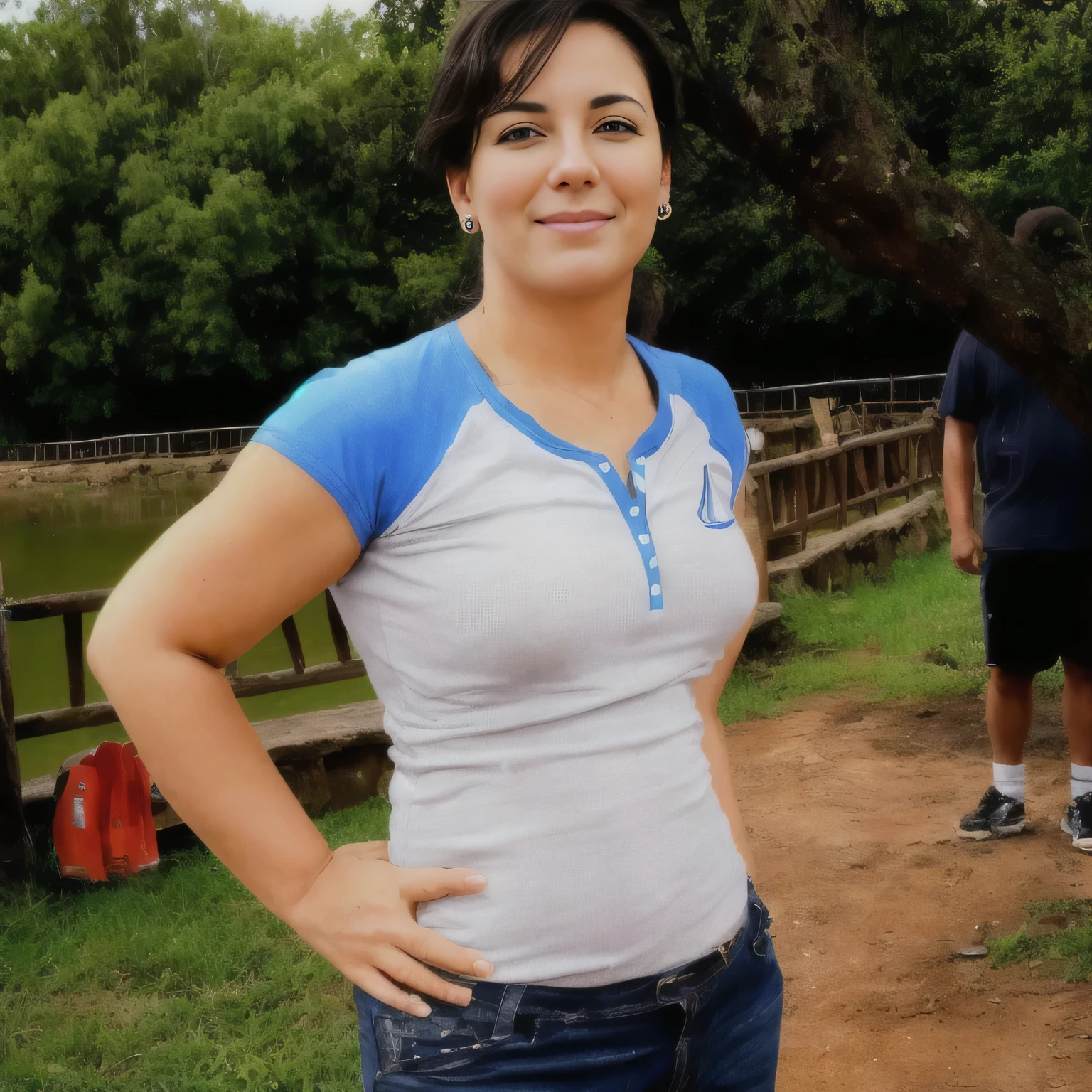 In the image, a beautiful Brazilian woman with white skin, short dark brown hair, standing in front of a tree, lagpo in the background, full body close-up. She is wearing a tight gray tank top with blue collars and denim shorts, an extremely provocative and sexy woman (((full body photo)))). Fitness woman, perfect arms, perfect body. She is around 40 years old, 162 cm tall and weighs 56 kg. Her body exudes glamor and her face is a definition of beauty. Slender body, thin waist. Highly realistic, hyperrealism, very elaborate skin, high quality photo. Sharp Photo, High Resolution, High Quality, Masterpiece, 16K Photo, Sharp Photo, High Contrast, Masterpiece, (Photographically Realistic), NUDE, NFSW.